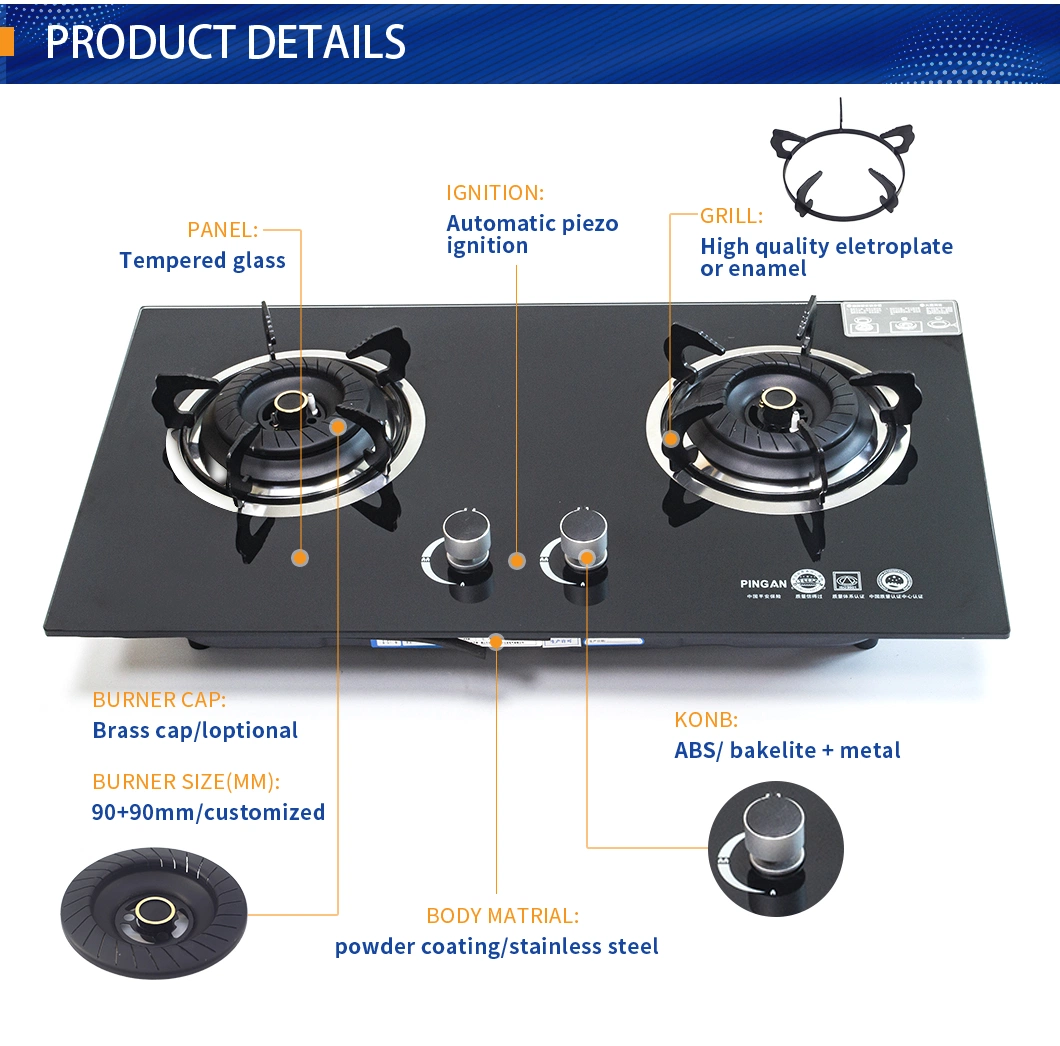 Low Gas Consumption Blue Flame Black Tempered Glass Top 2 Burner Table Gas Stove for Sales